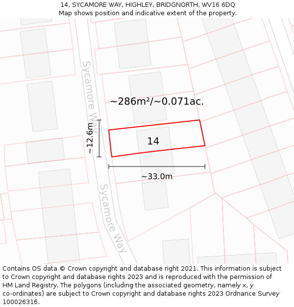 14, SYCAMORE WAY, HIGHLEY, BRIDGNORTH, WV16 6DQ: Plot and title map