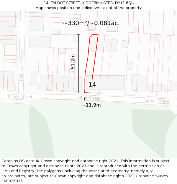 14, TALBOT STREET, KIDDERMINSTER, DY11 6QU: Plot and title map