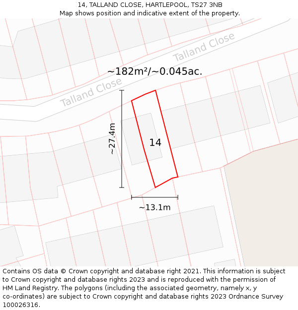 14, TALLAND CLOSE, HARTLEPOOL, TS27 3NB: Plot and title map