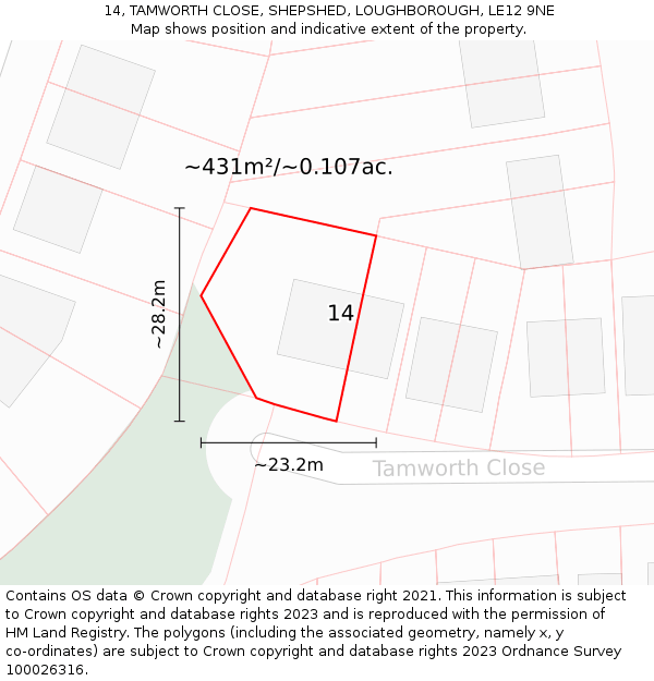 14, TAMWORTH CLOSE, SHEPSHED, LOUGHBOROUGH, LE12 9NE: Plot and title map
