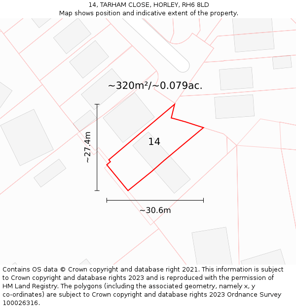 14, TARHAM CLOSE, HORLEY, RH6 8LD: Plot and title map