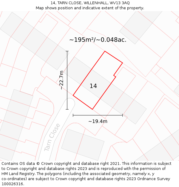 14, TARN CLOSE, WILLENHALL, WV13 3AQ: Plot and title map