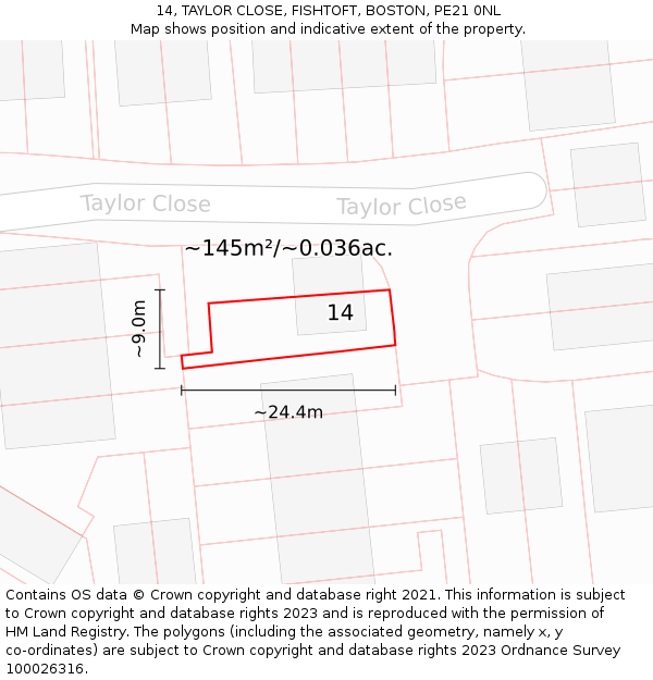 14, TAYLOR CLOSE, FISHTOFT, BOSTON, PE21 0NL: Plot and title map