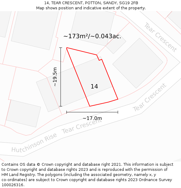 14, TEAR CRESCENT, POTTON, SANDY, SG19 2FB: Plot and title map