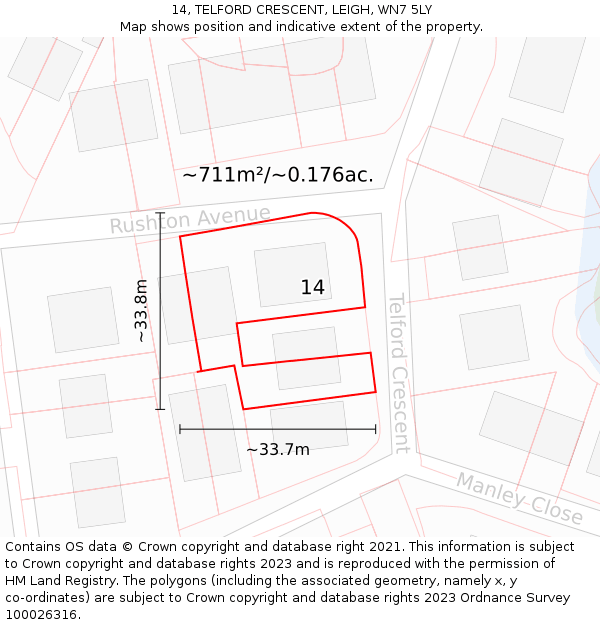 14, TELFORD CRESCENT, LEIGH, WN7 5LY: Plot and title map