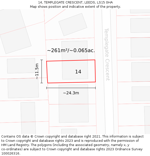 14, TEMPLEGATE CRESCENT, LEEDS, LS15 0HA: Plot and title map