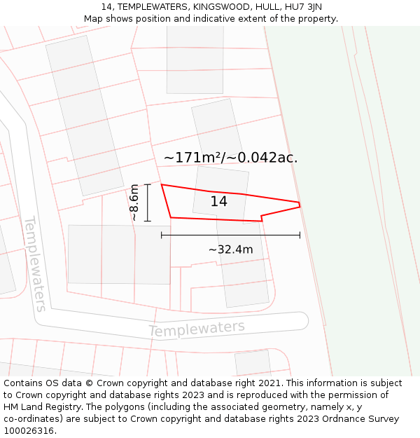 14, TEMPLEWATERS, KINGSWOOD, HULL, HU7 3JN: Plot and title map