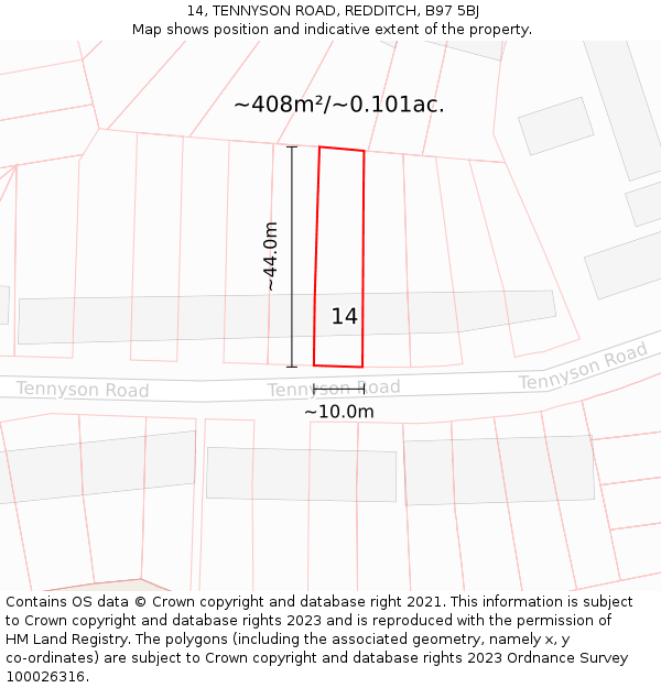 14, TENNYSON ROAD, REDDITCH, B97 5BJ: Plot and title map