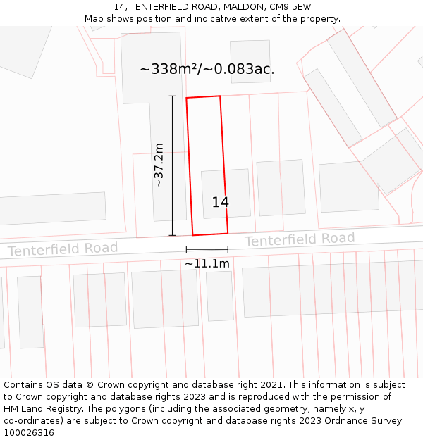 14, TENTERFIELD ROAD, MALDON, CM9 5EW: Plot and title map
