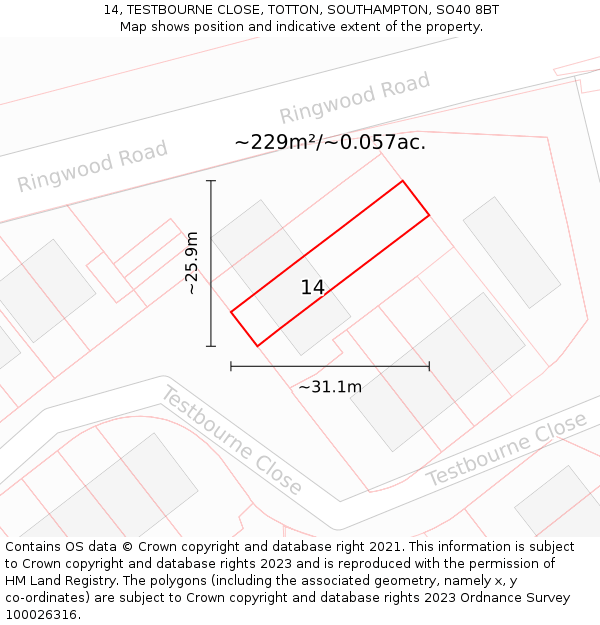 14, TESTBOURNE CLOSE, TOTTON, SOUTHAMPTON, SO40 8BT: Plot and title map
