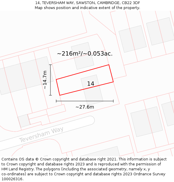 14, TEVERSHAM WAY, SAWSTON, CAMBRIDGE, CB22 3DF: Plot and title map