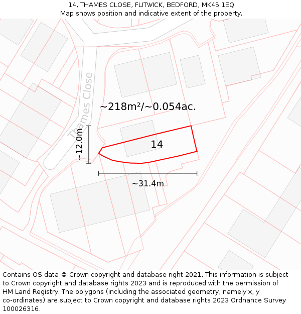 14, THAMES CLOSE, FLITWICK, BEDFORD, MK45 1EQ: Plot and title map