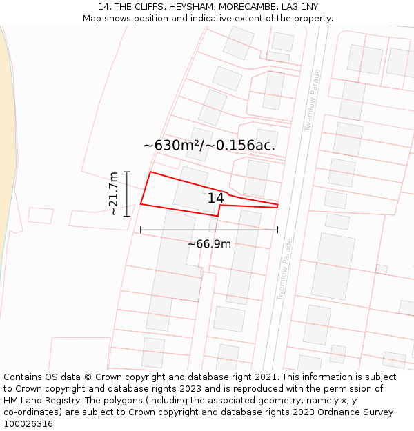 14, THE CLIFFS, HEYSHAM, MORECAMBE, LA3 1NY: Plot and title map