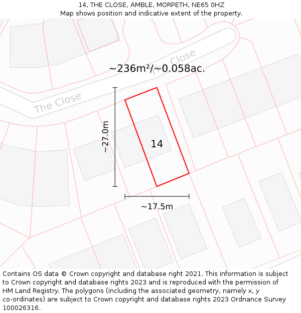 14, THE CLOSE, AMBLE, MORPETH, NE65 0HZ: Plot and title map