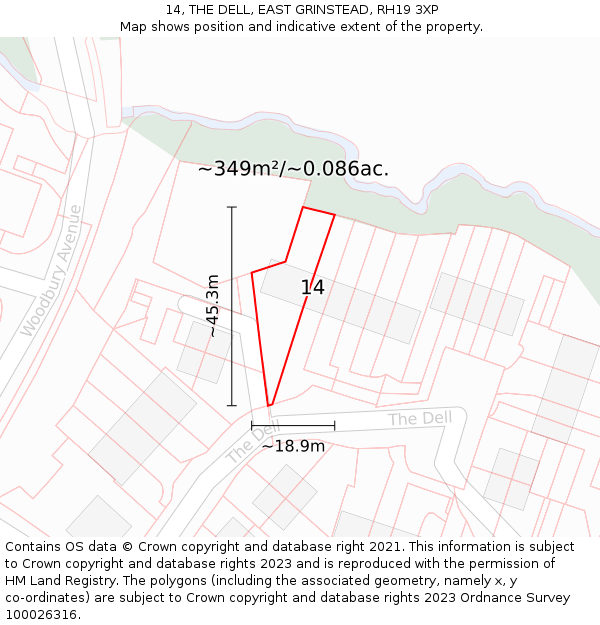14, THE DELL, EAST GRINSTEAD, RH19 3XP: Plot and title map