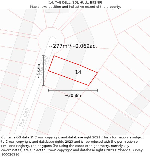 14, THE DELL, SOLIHULL, B92 8RJ: Plot and title map