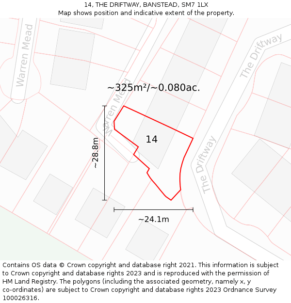 14, THE DRIFTWAY, BANSTEAD, SM7 1LX: Plot and title map