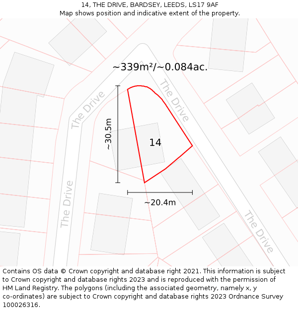 14, THE DRIVE, BARDSEY, LEEDS, LS17 9AF: Plot and title map