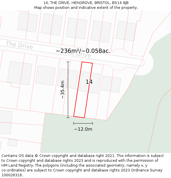 14, THE DRIVE, HENGROVE, BRISTOL, BS14 9JB: Plot and title map