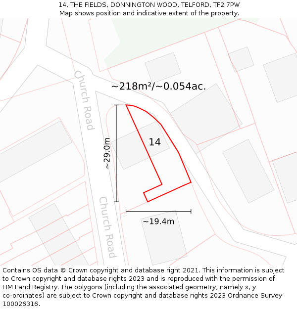 14, THE FIELDS, DONNINGTON WOOD, TELFORD, TF2 7PW: Plot and title map