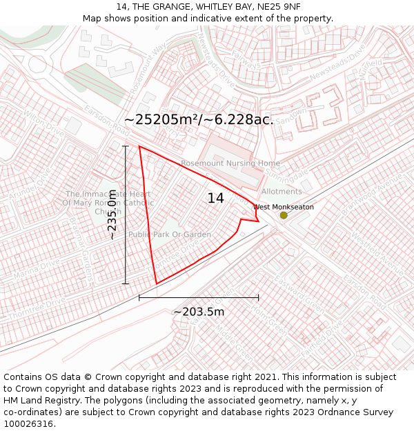 14, THE GRANGE, WHITLEY BAY, NE25 9NF: Plot and title map