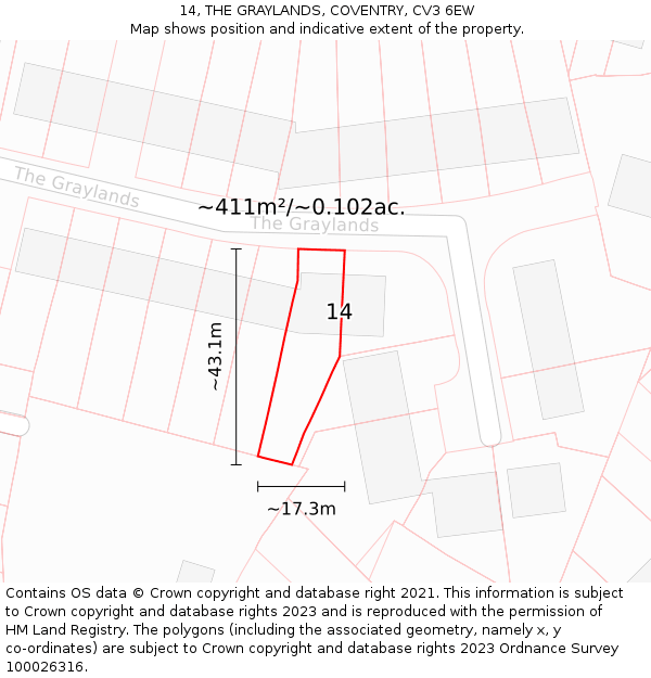 14, THE GRAYLANDS, COVENTRY, CV3 6EW: Plot and title map