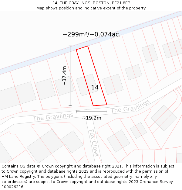 14, THE GRAYLINGS, BOSTON, PE21 8EB: Plot and title map