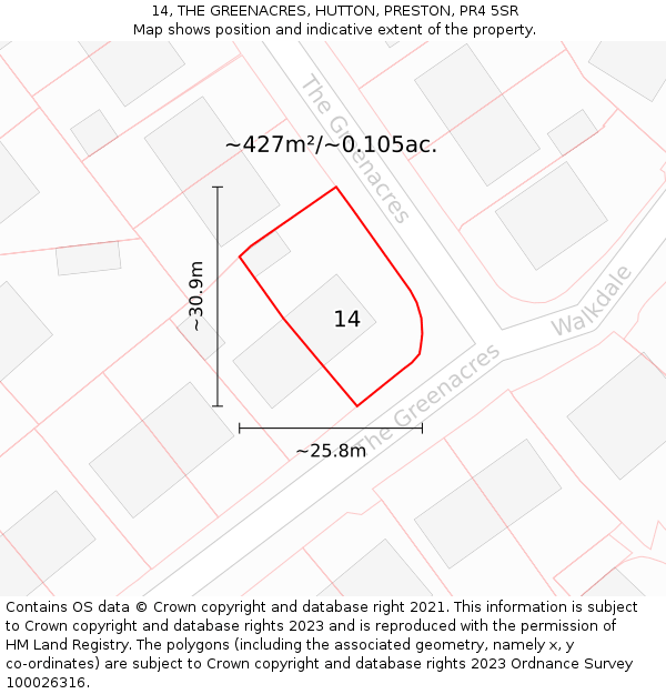 14, THE GREENACRES, HUTTON, PRESTON, PR4 5SR: Plot and title map