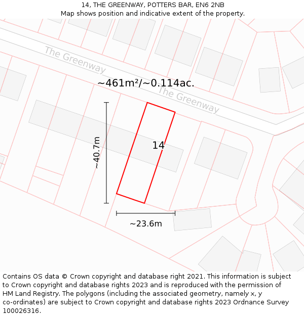 14, THE GREENWAY, POTTERS BAR, EN6 2NB: Plot and title map