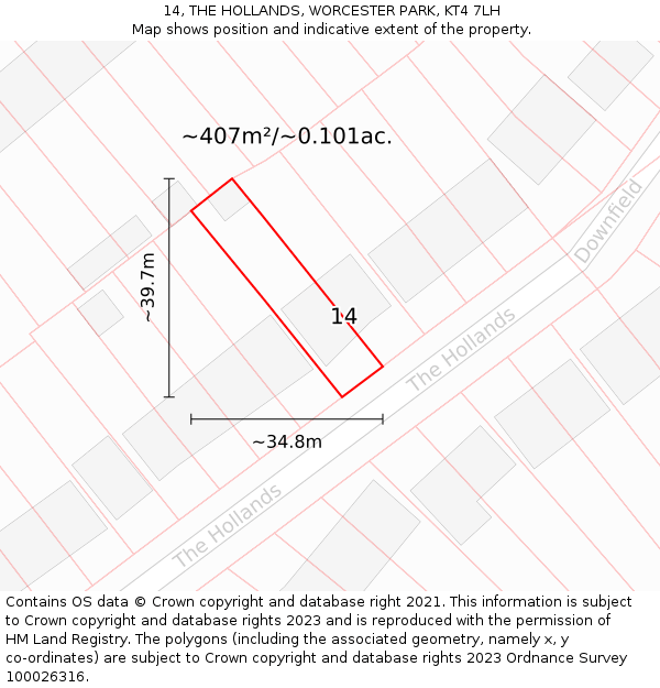 14, THE HOLLANDS, WORCESTER PARK, KT4 7LH: Plot and title map