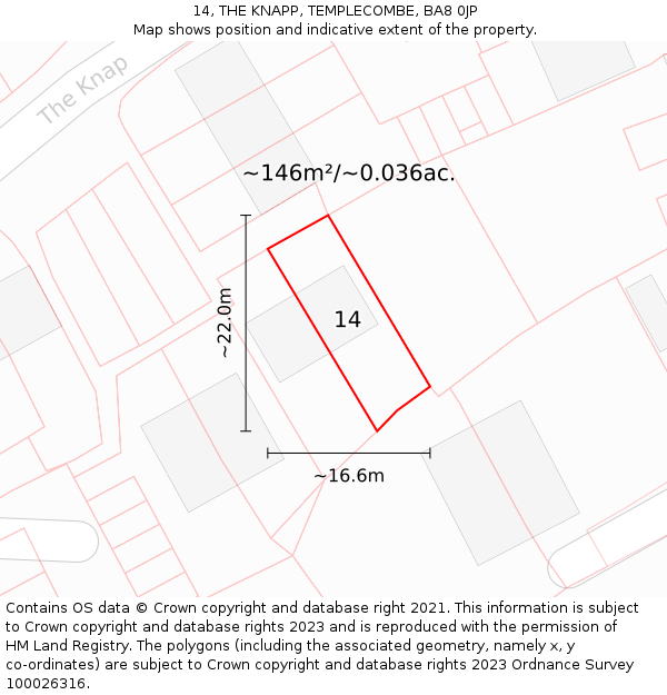 14, THE KNAPP, TEMPLECOMBE, BA8 0JP: Plot and title map