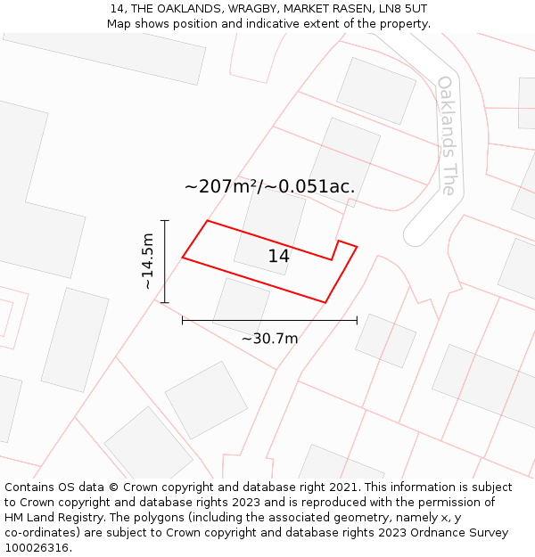 14, THE OAKLANDS, WRAGBY, MARKET RASEN, LN8 5UT: Plot and title map