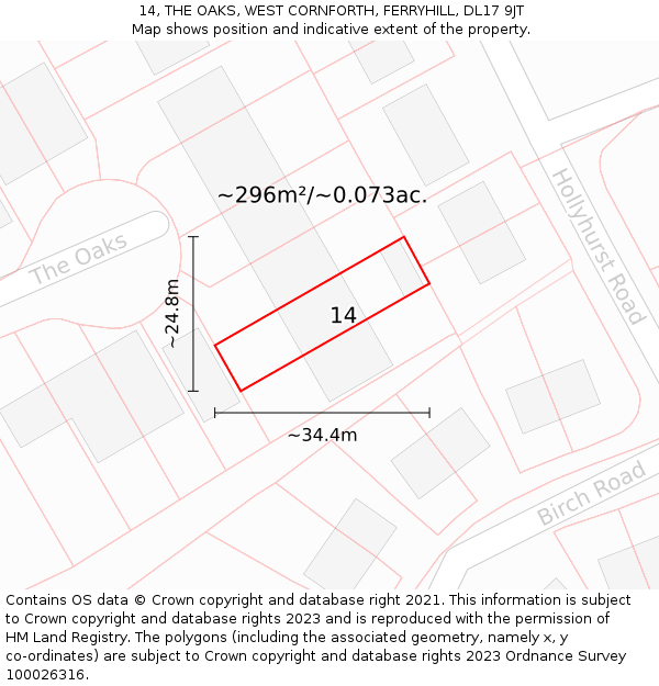14, THE OAKS, WEST CORNFORTH, FERRYHILL, DL17 9JT: Plot and title map