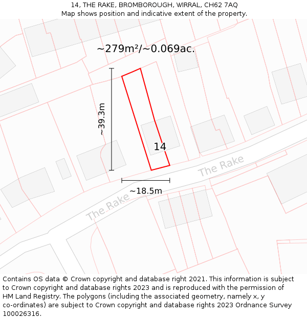 14, THE RAKE, BROMBOROUGH, WIRRAL, CH62 7AQ: Plot and title map