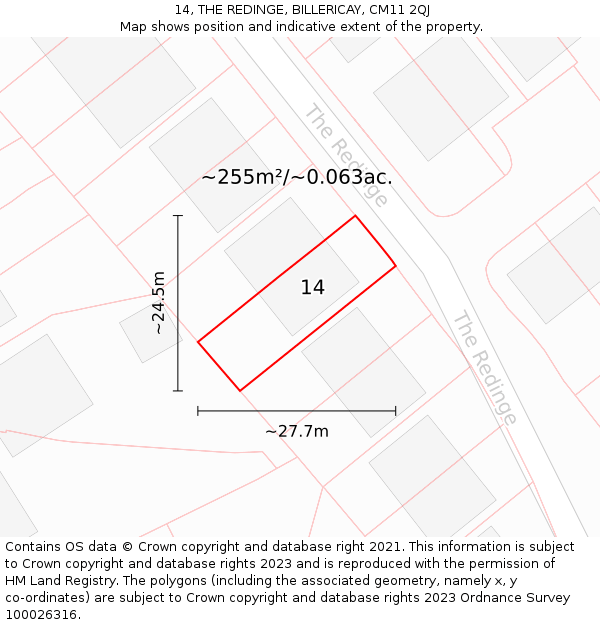 14, THE REDINGE, BILLERICAY, CM11 2QJ: Plot and title map