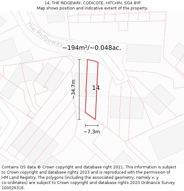 14, THE RIDGEWAY, CODICOTE, HITCHIN, SG4 8YP: Plot and title map