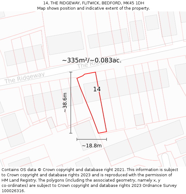 14, THE RIDGEWAY, FLITWICK, BEDFORD, MK45 1DH: Plot and title map