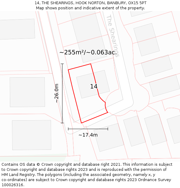 14, THE SHEARINGS, HOOK NORTON, BANBURY, OX15 5PT: Plot and title map