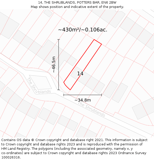 14, THE SHRUBLANDS, POTTERS BAR, EN6 2BW: Plot and title map