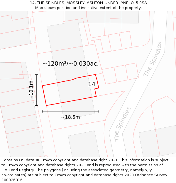 14, THE SPINDLES, MOSSLEY, ASHTON-UNDER-LYNE, OL5 9SA: Plot and title map