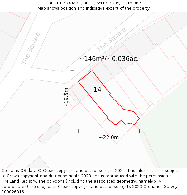 14, THE SQUARE, BRILL, AYLESBURY, HP18 9RP: Plot and title map