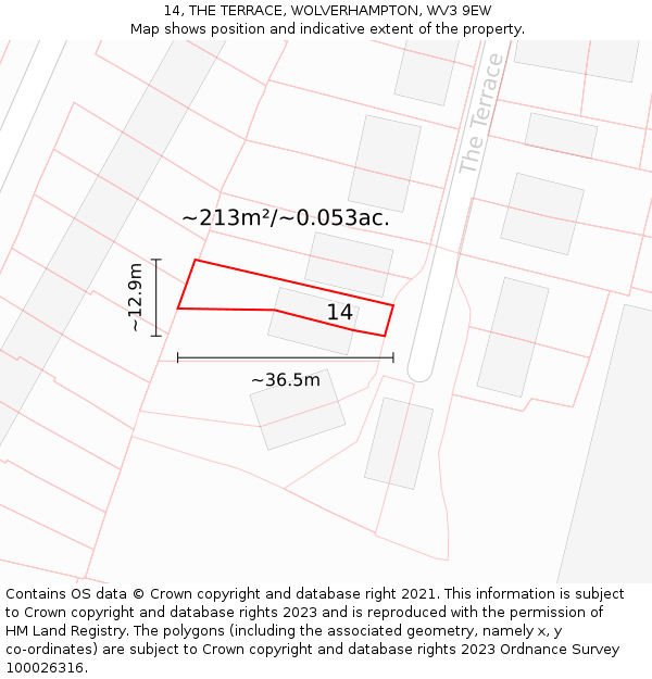 14, THE TERRACE, WOLVERHAMPTON, WV3 9EW: Plot and title map
