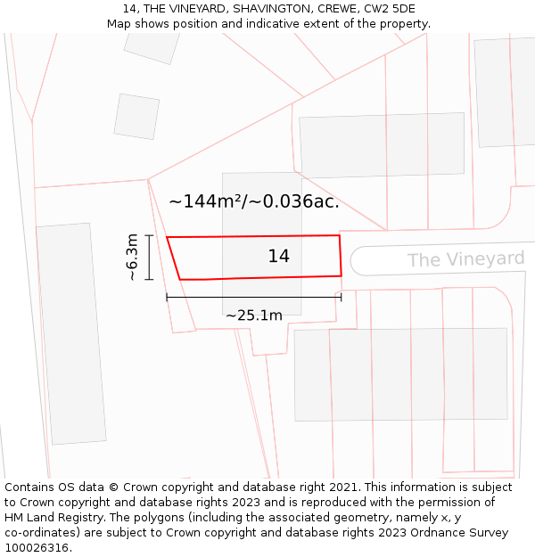 14, THE VINEYARD, SHAVINGTON, CREWE, CW2 5DE: Plot and title map