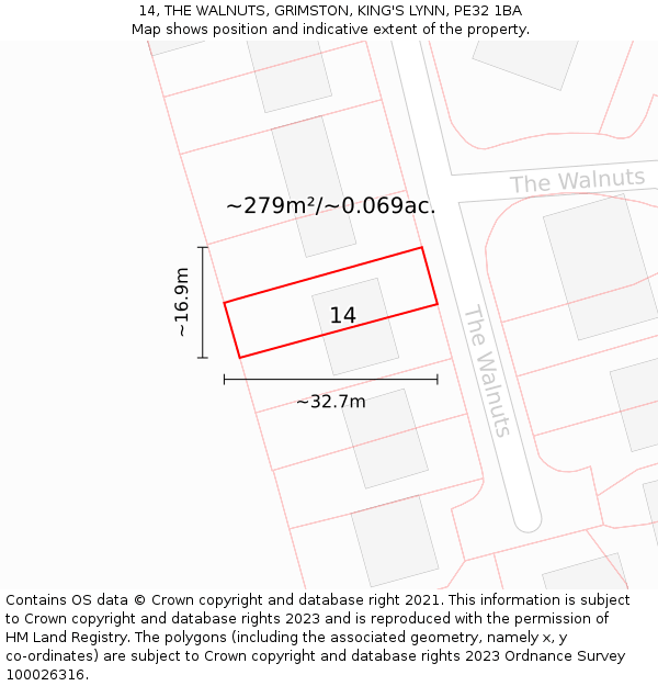 14, THE WALNUTS, GRIMSTON, KING'S LYNN, PE32 1BA: Plot and title map