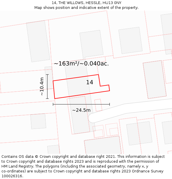 14, THE WILLOWS, HESSLE, HU13 0NY: Plot and title map