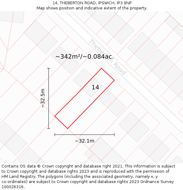 14, THEBERTON ROAD, IPSWICH, IP3 9NP: Plot and title map