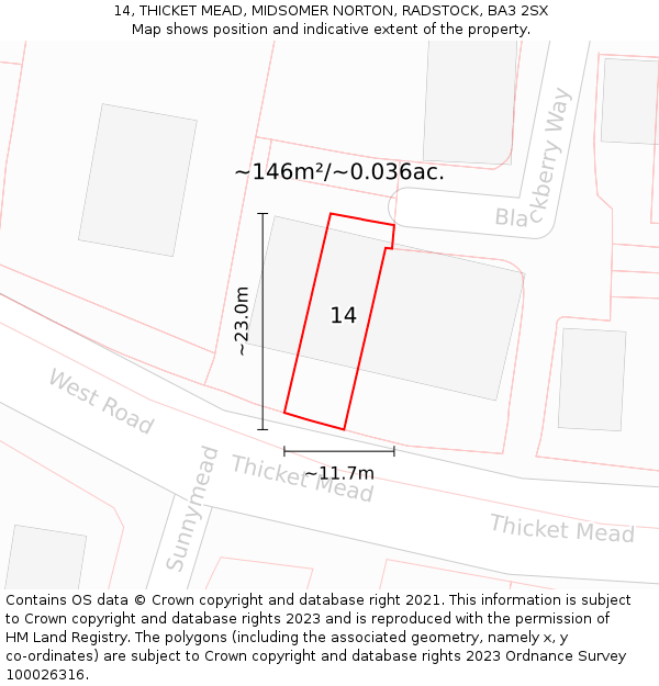 14, THICKET MEAD, MIDSOMER NORTON, RADSTOCK, BA3 2SX: Plot and title map
