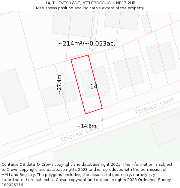 14, THIEVES LANE, ATTLEBOROUGH, NR17 2HR: Plot and title map
