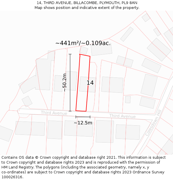 14, THIRD AVENUE, BILLACOMBE, PLYMOUTH, PL9 8AN: Plot and title map