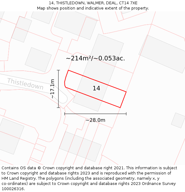 14, THISTLEDOWN, WALMER, DEAL, CT14 7XE: Plot and title map